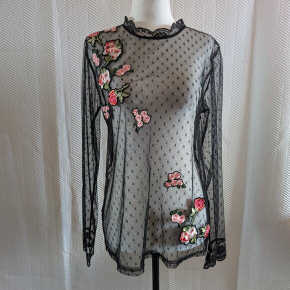 Black Sheer Embroidered Floral Mesh Top Long Sleeves Size Medium Whimsigoth - Picture 1 of 7